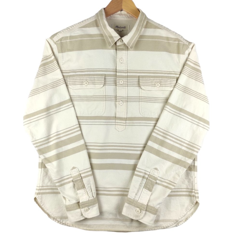 Madewell Moleskin Pullover Work Shirt L/S Soft Men's L White/Tan Stripe